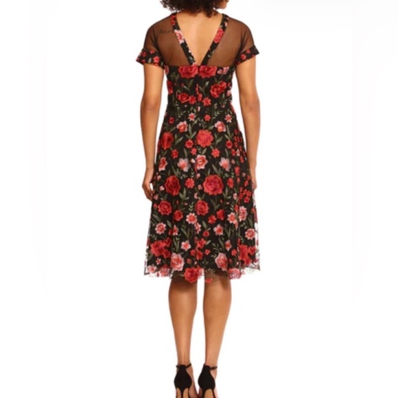 Maggy London Black and Red Floral Mesh Midi Dress size 10 - Picture 3 of 8